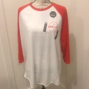 Oakley Long Sleeved Baseball Tee, White W/Red Sleeves, Size XL, New With Tags